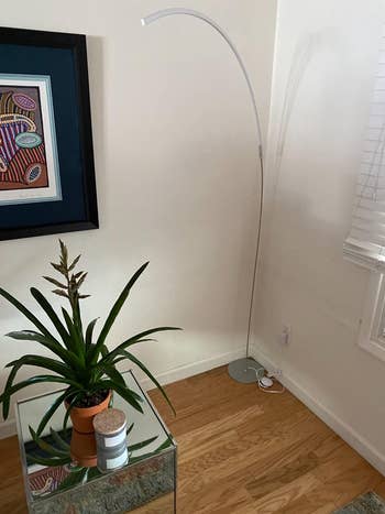 Reviewer image of thin silver arched lamp plugged into corner of white wall