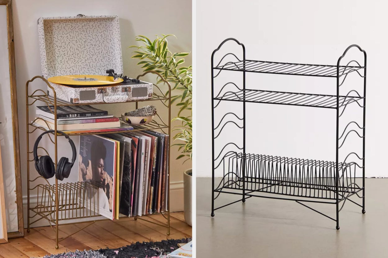 Gold metal record player stand with three shelves and items on it, empty product in black