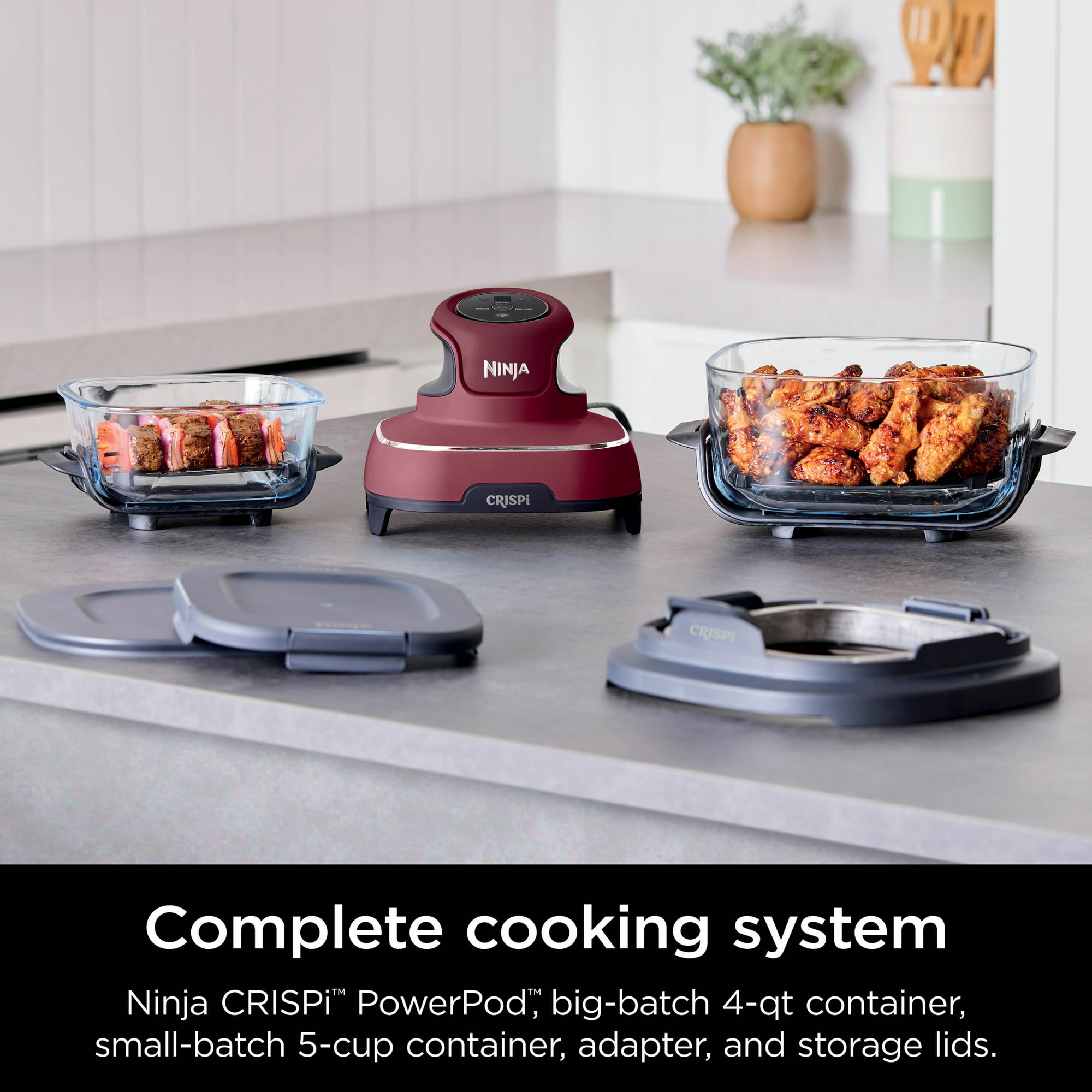 Ninja room  appliance connected  antagonistic  with solid  dishes containing cooked meat, highlighting convenience for location  cooking