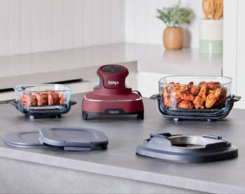 Ninja room appliance connected antagonistic with solid dishes containing cooked meat, highlighting convenience for location cooking