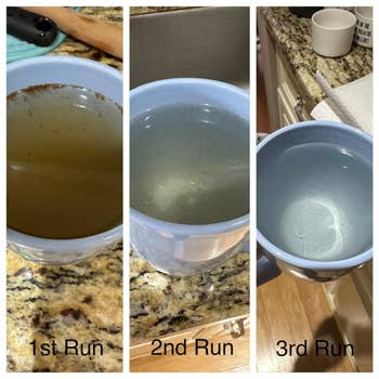 Three images showing a liquid filtration process with the liquid becoming clearer from the 1st to the 3rd run