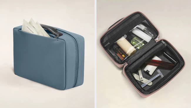 collage of exterior and interior compartments of travel toiletry case