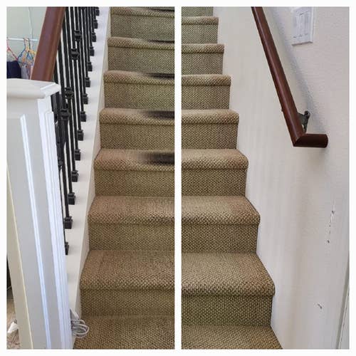 side by side before and after reviewer images of a dirty carpeted staircase becoming clean