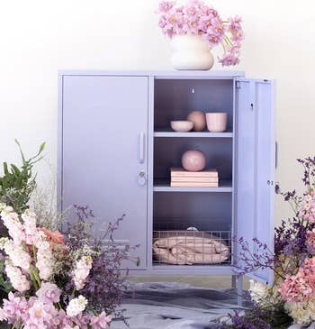 a lilac retro-style storage locker open to reveal its shelves