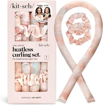 Satin heatless curling set with packaged image showing before-and-after results. Includes curling ribbon and scrunchies for hair styling