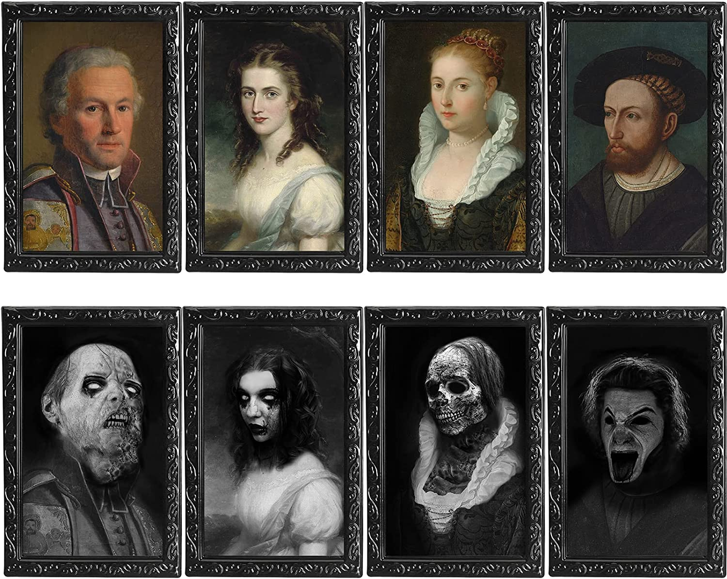 two accepted   representation    paintings with zombie versions beneath  successful  achromatic  and white