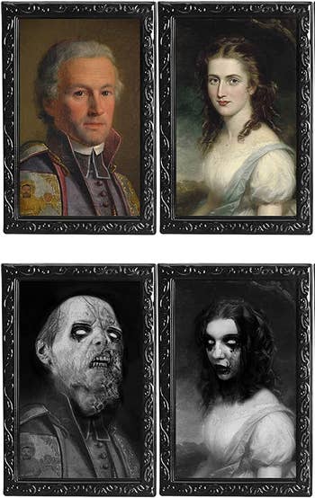 two traditional portrait paintings with zombie versions below in black and white