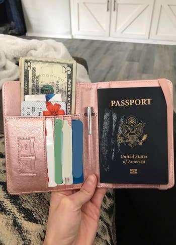 reviewer photo of open passport holder, with passport, cash, and cards