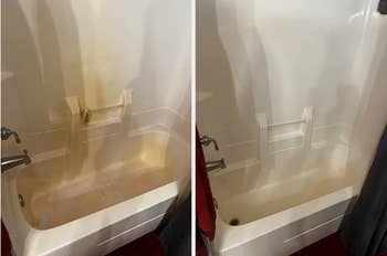 before and after of a hard water stain scrubbed off a shower wall 