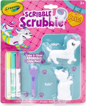 The coloring set with blank toys, a scrub brush, and markers