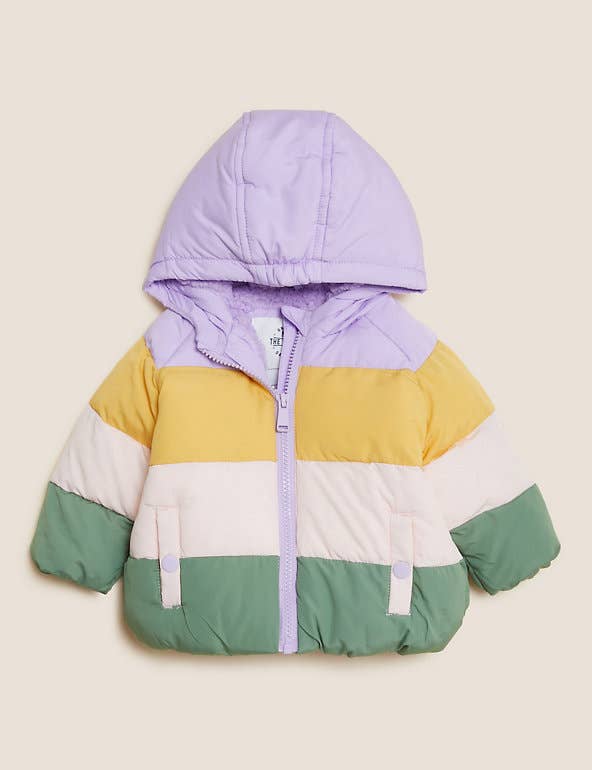 the color blocked jacket with yellow green pink and purple colors