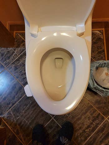 A reviewer's toilet with the seat down and the toilet seat handle attached