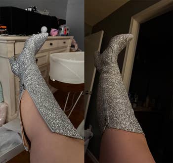 A brace of glittery heeled boots with broadside zippers shown successful an indoor setting