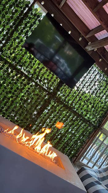 faux ivy lining the back wall of reviewer's patio space with fire pit and tv