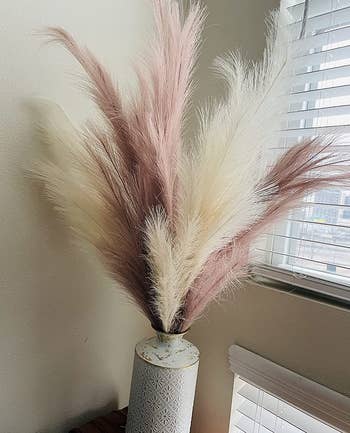 reviewer photo of the beige and pink pampas grass in a vase