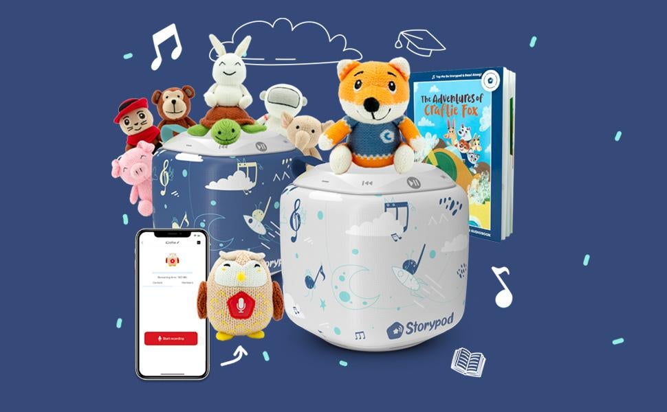 presents 3 year olds Storypods in blue and white with various