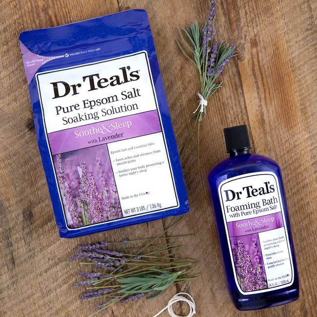 bag of Dr. Teal's lavender Epsom Salt and bottle of lavender foaming bath