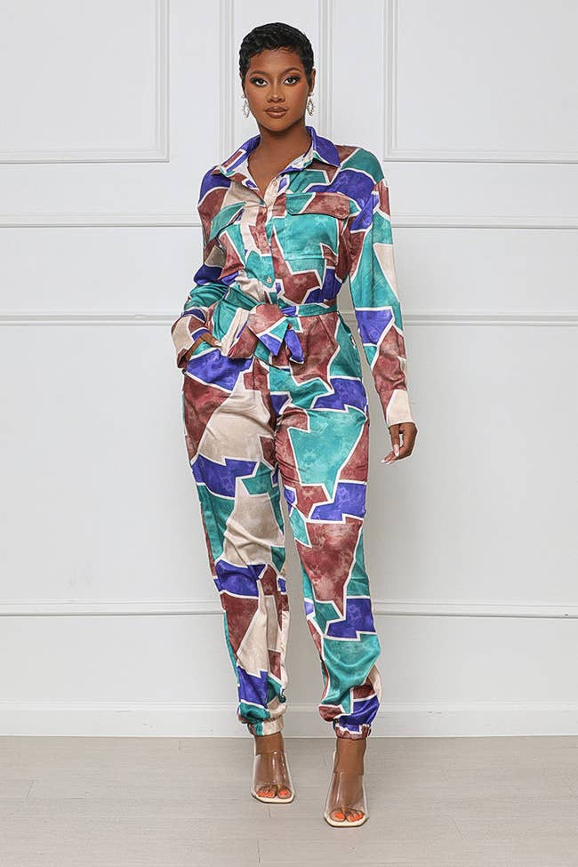 model wearing the abstract printed jumpsuit