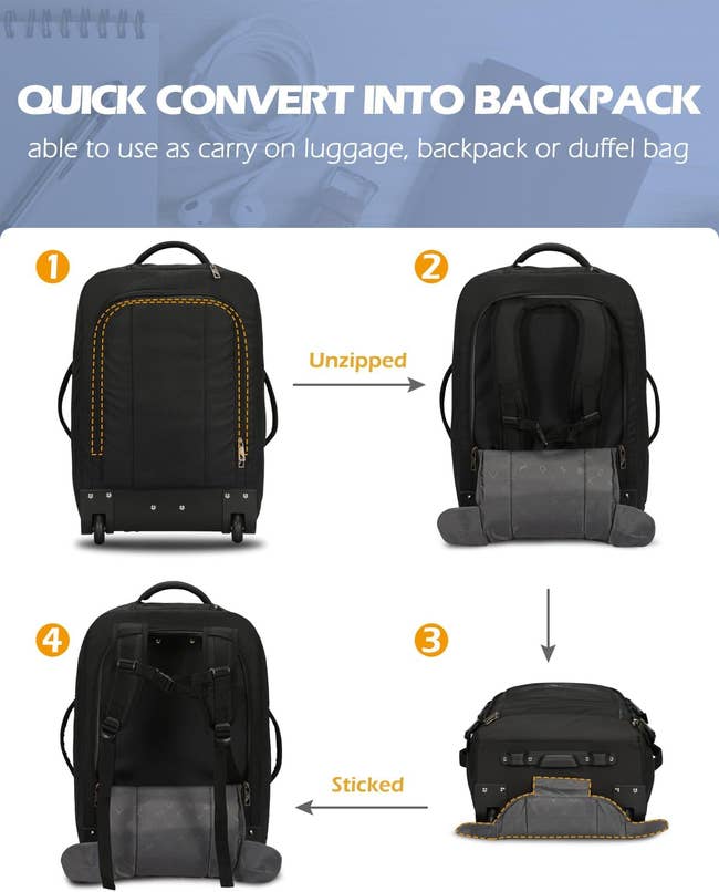 Convertible bag instructions showing steps to change it into a backpack, carry-on luggage, or duffel bag