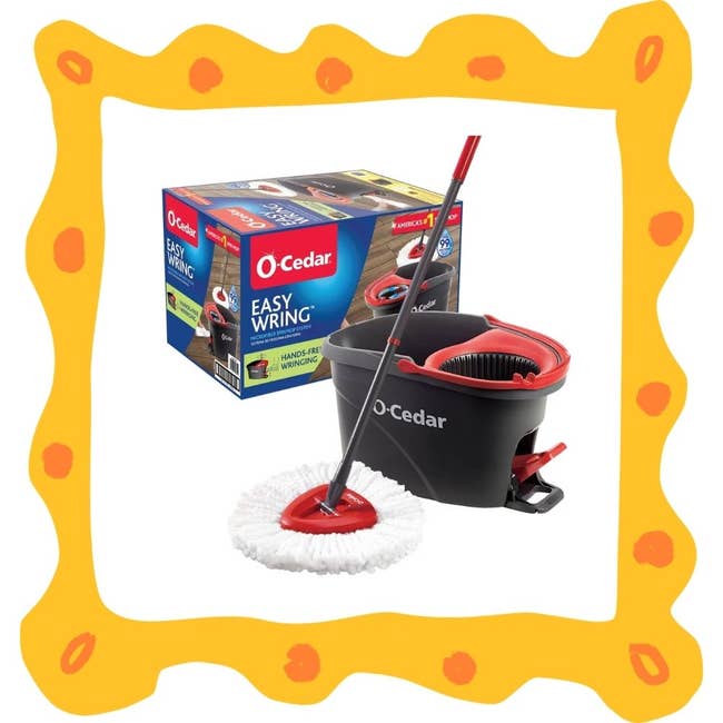 O-Cedar EasyWring spin mop and bucket set on display, featuring hands-free wringing