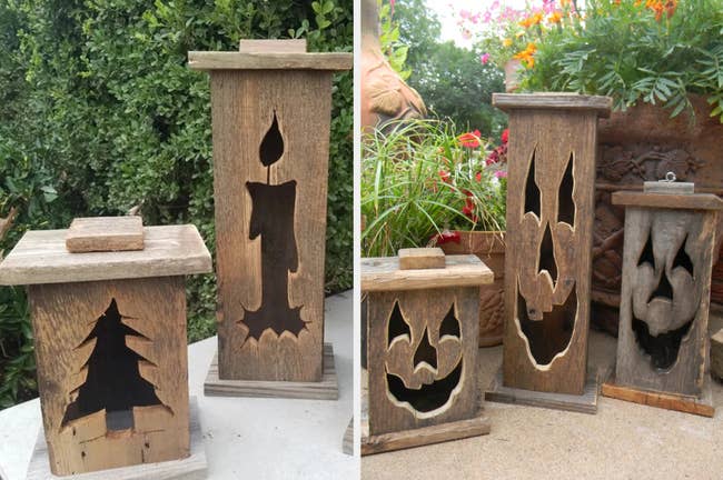 Two wooden lanterns with a carved tree and a carved candle, three carved wooden lanterns with smiley faces on a patio