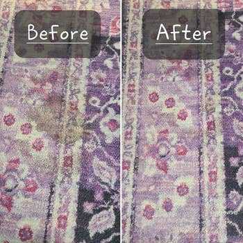 Gambar sebelum dan sesudah karpet dibersihkan; gambar sebelum menunjukkan karpet yang terkena noda sedangkan gambar sesudah menunjukkan karpet yang bersih dan bebas noda