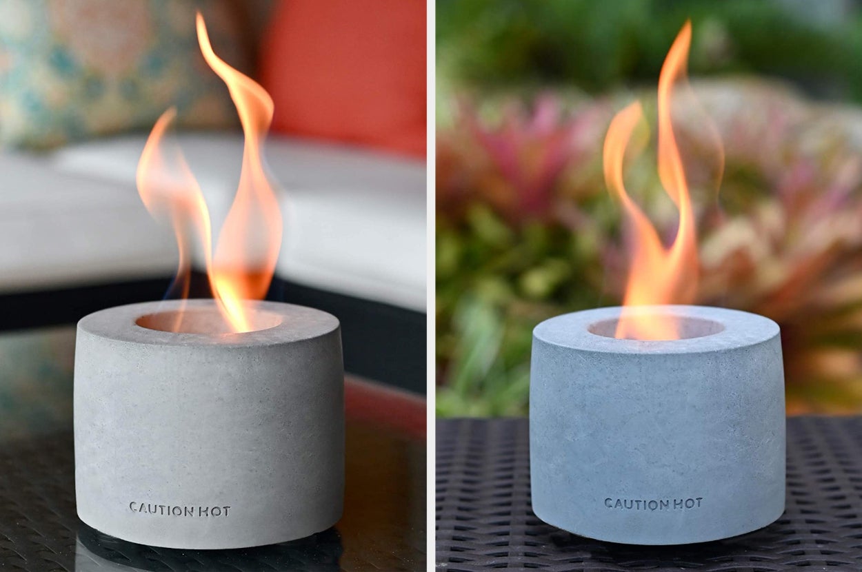 Split image of small fireplace indoors and outdoors
