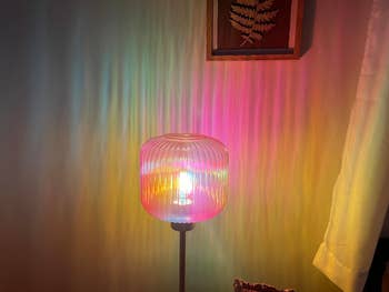 Glass lamp projecting rainbow airy  patterns connected  a partition  beside a fern artwork and curtain