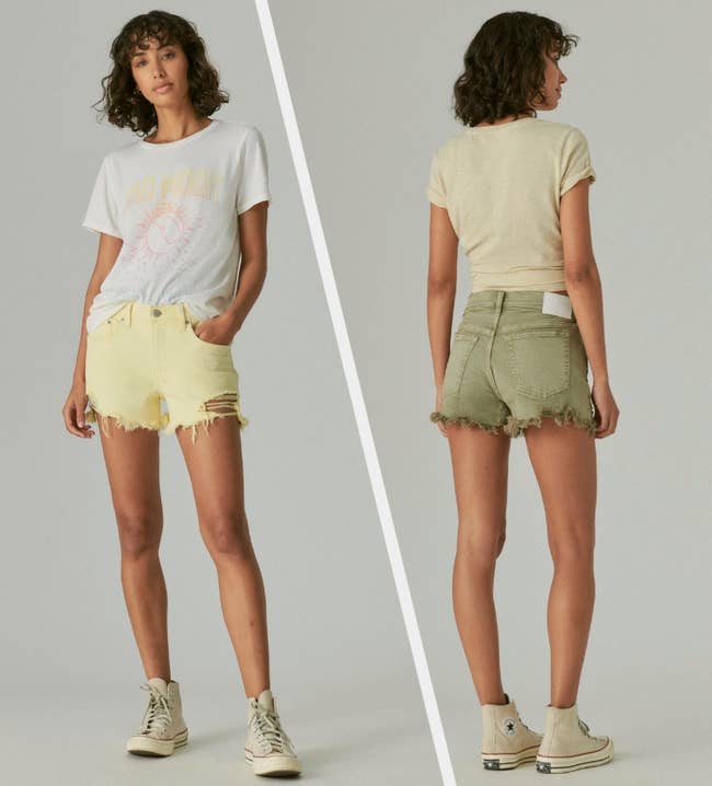 Two images of models wearing yellow and green shorts