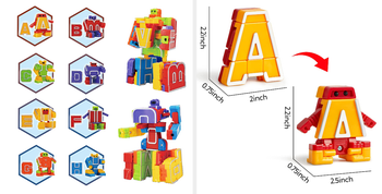 Split image of alphabet robots combined into bigger robot next to scale size of single letter A 