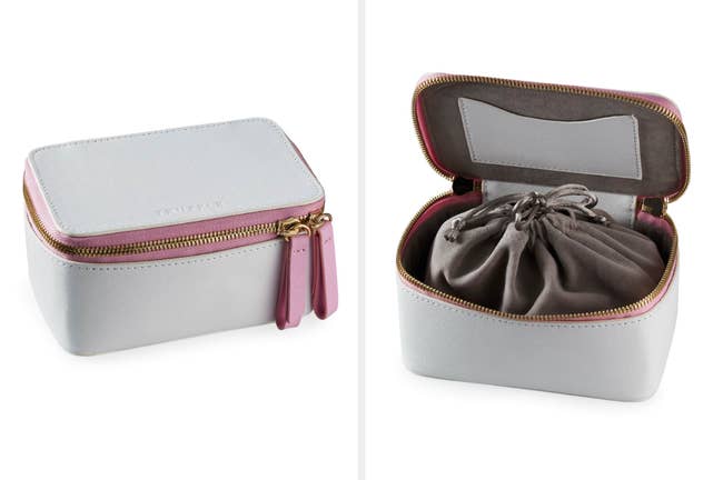 collage of the jewelry case, closed and open showing privacy bag inside