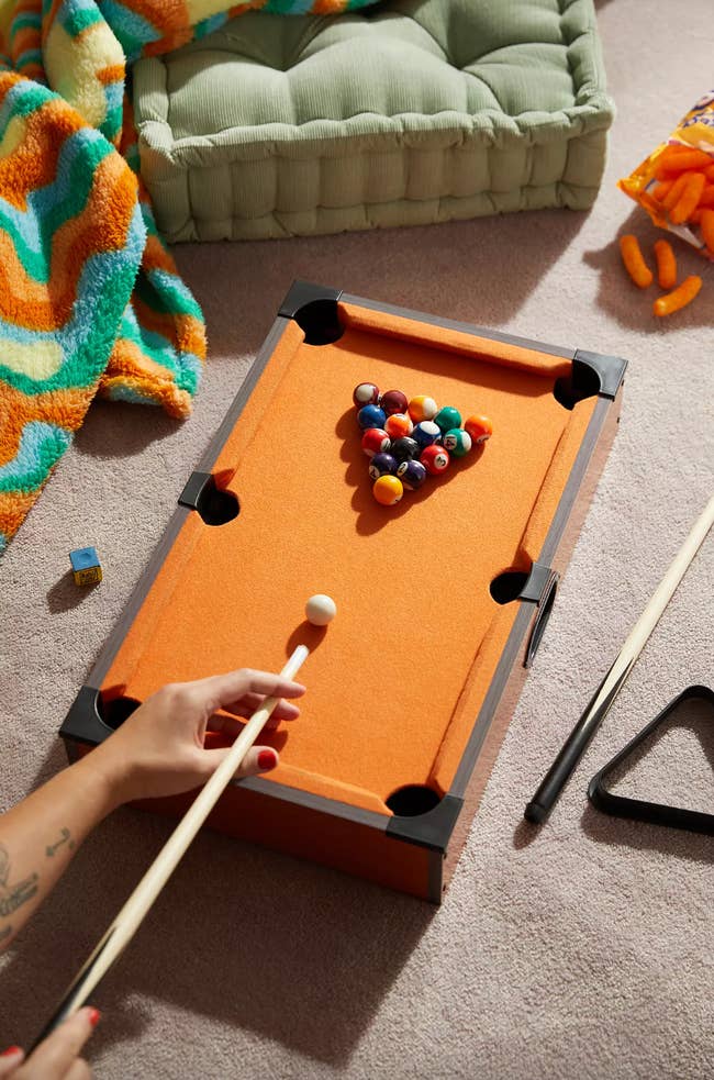 miniature orange felted pool table set