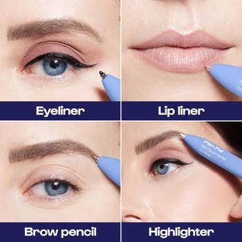 Close-up of a person applying eyeliner, lip liner, brow pencil, and highlighter, showing makeup application techniques