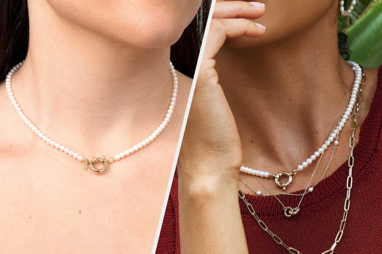 Two models wearing the white pearl necklace with gold clasp