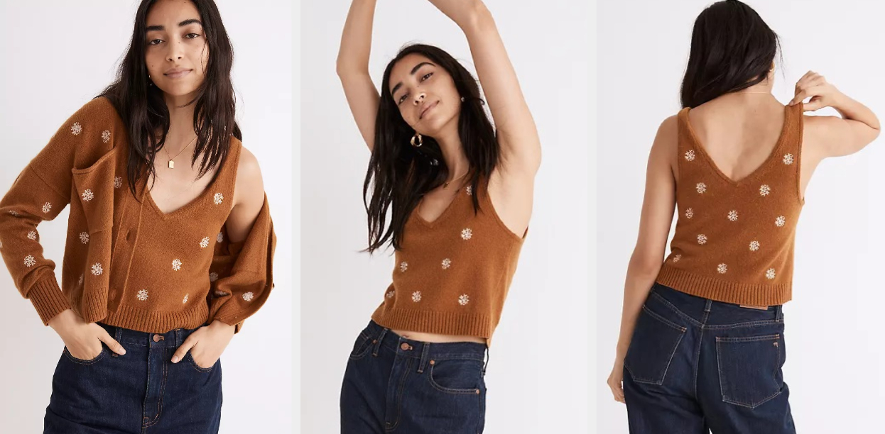 Three images of model wearing the brown floral tank