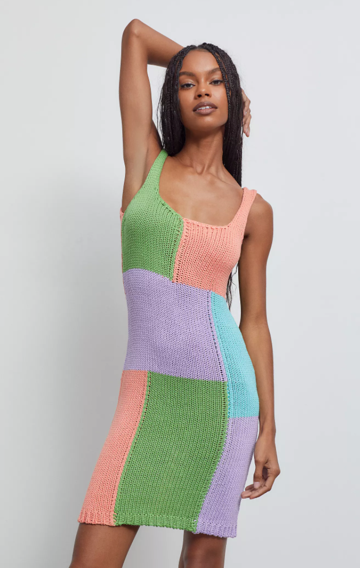 model wearing colorblock mini dress
