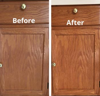 reviewer before and after of wooden cabinet looking new after using the wood polish