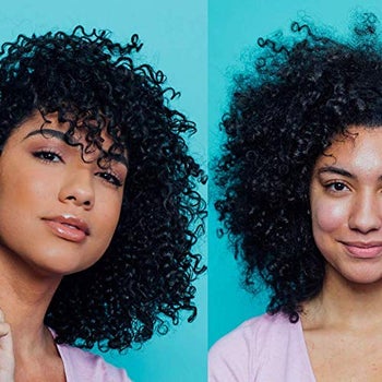model after and before using CurlMix, with more moisturized curls