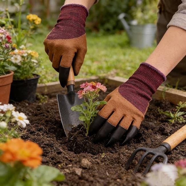 Person planting flowers successful  a plot  bed, wearing gardening gloves
