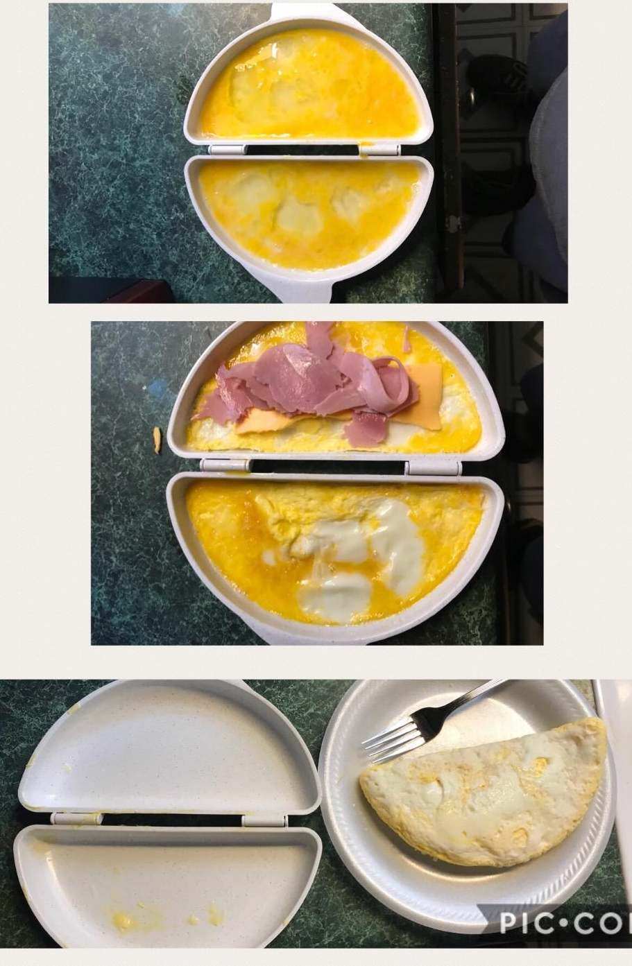 The omelet maker with fresh egg yolks; the omelet maker with a half-cooked omelet, with ham and cheese added; and a finished omelet