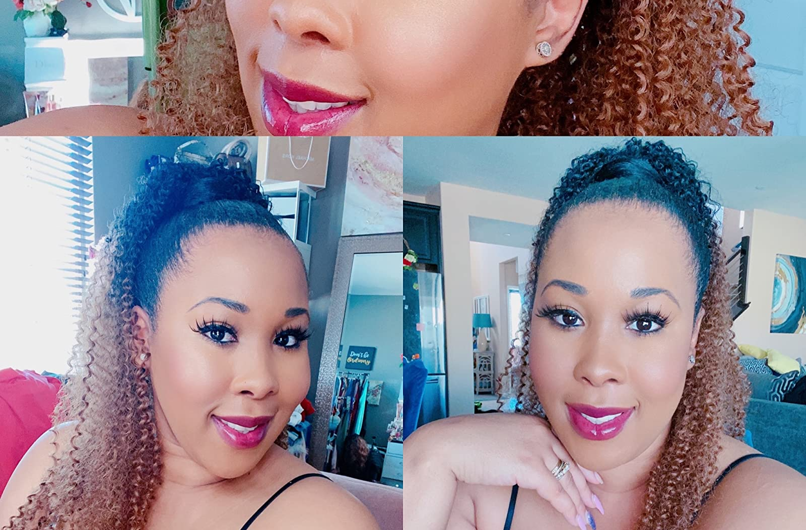 side by side images of a reviewer with slicked down hair that forms a high pony tail