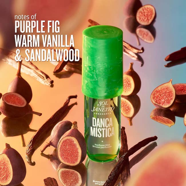 Sol de Janeiro fragrance vessel surrounded by figs, with substance highlighting notes of purple fig, lukewarm vanilla, and sandalwood