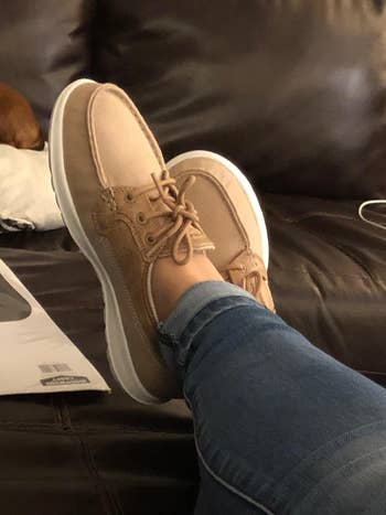 Reviewer photo of the tan boat shoes