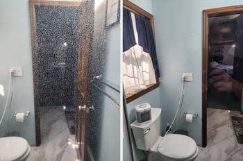 reviewer before and after photo of their shower door after using the hard water stain remover