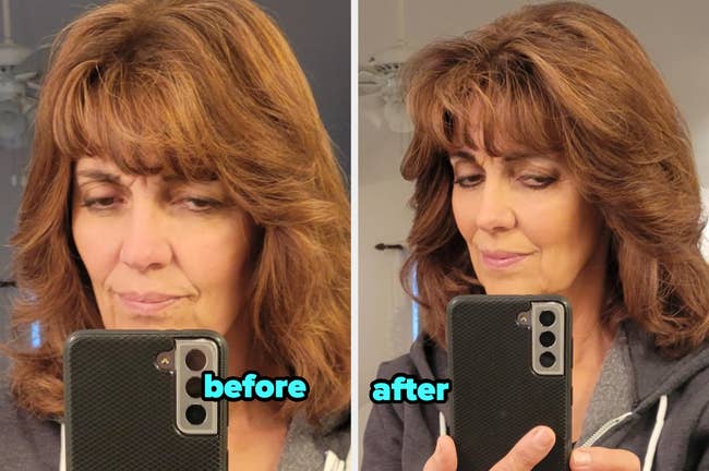 Two side-by-side selfies of a reviewer displaying before and after results of using the shampoo