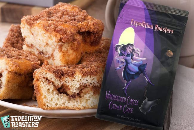 alice in wonderland themed coffee next to crumb cakes