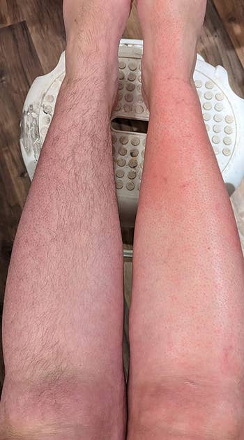 reviewer's legs, one with hair and one without any hair after being waxed