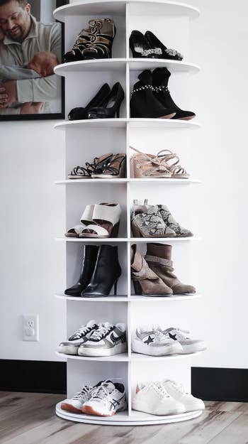 reviewer's shoe rack filled with shoes