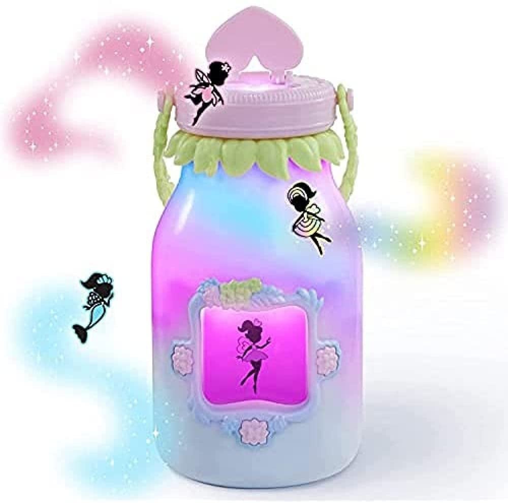 A rainbow colored jar with virtual fairies flying around it