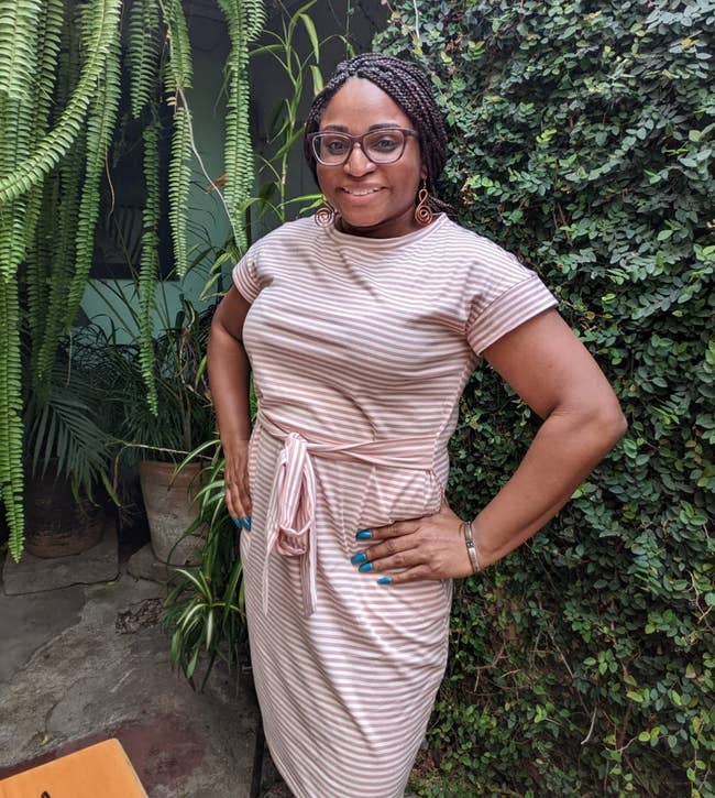 Reviewer wearing the t-shirt dress